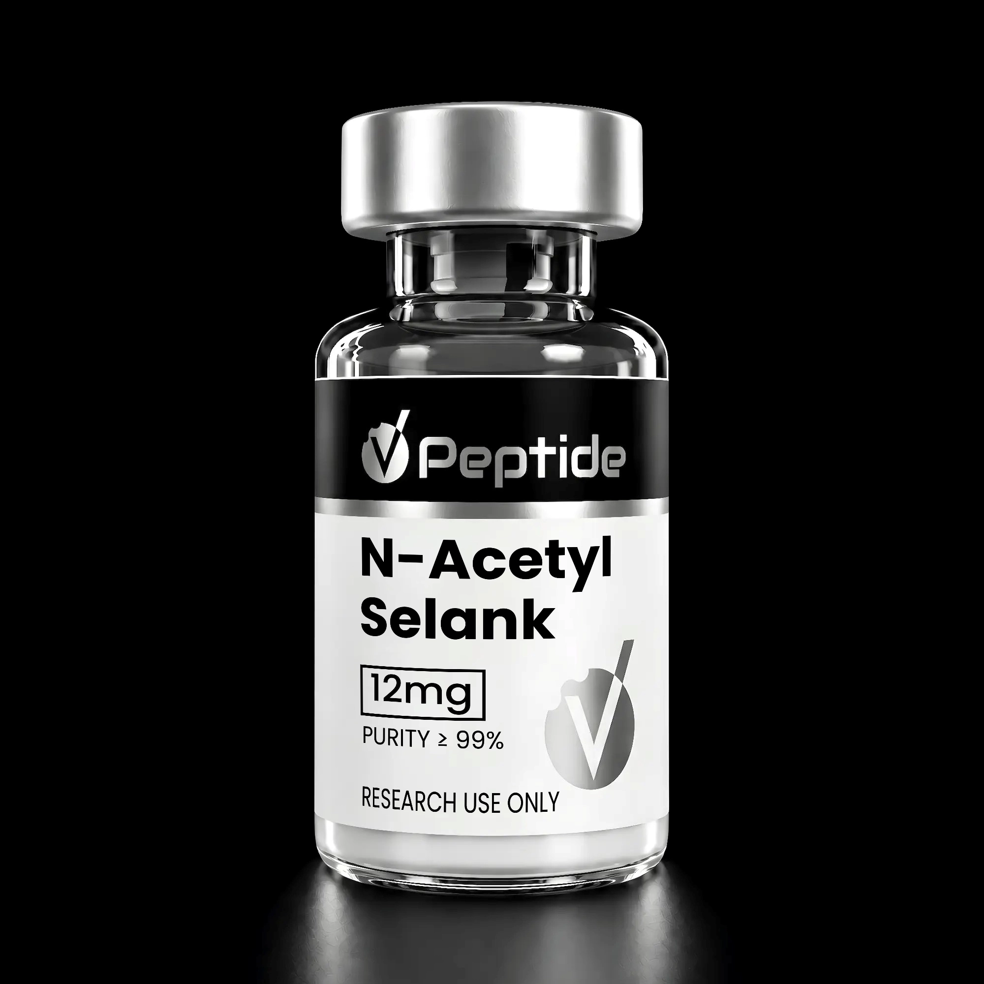 Close-up of a glass vial with a silver cap, labeled 'N-Acetyl Selank' and '12 mg' for research use only.