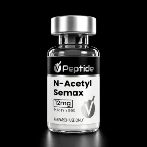 Close-up of a glass peptide bottle with a metallic cap and a black-and-white label reading 'N-Acetyl Semax' and 'RESEARCH USE ONLY' against a black background.