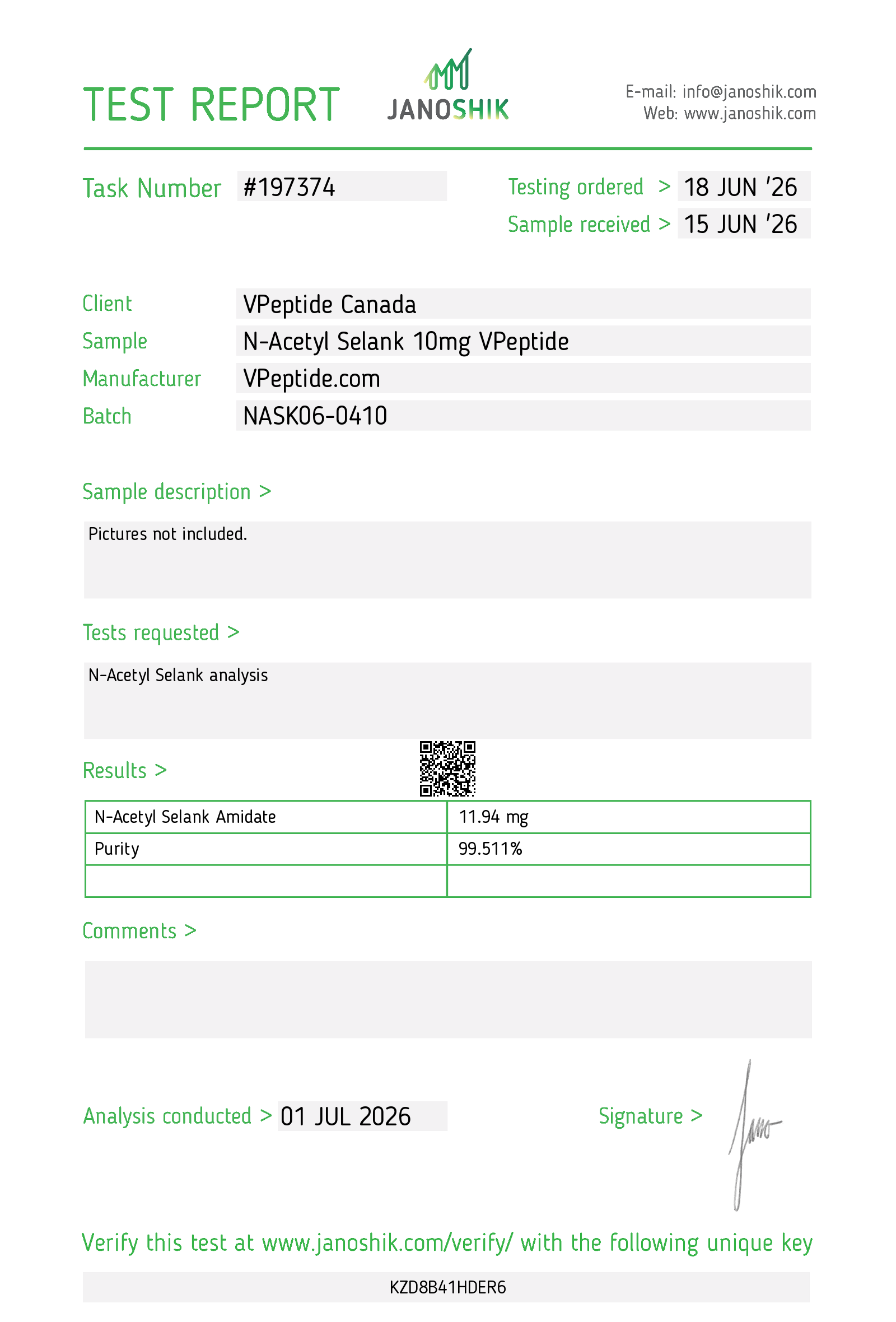 Test Report #197374 Laboratory test report header with task #197374, client VPepide Canada, sample N-Acetyl Selank 10mg VPepide, batch NASK06-0410 (Janoshik branding).