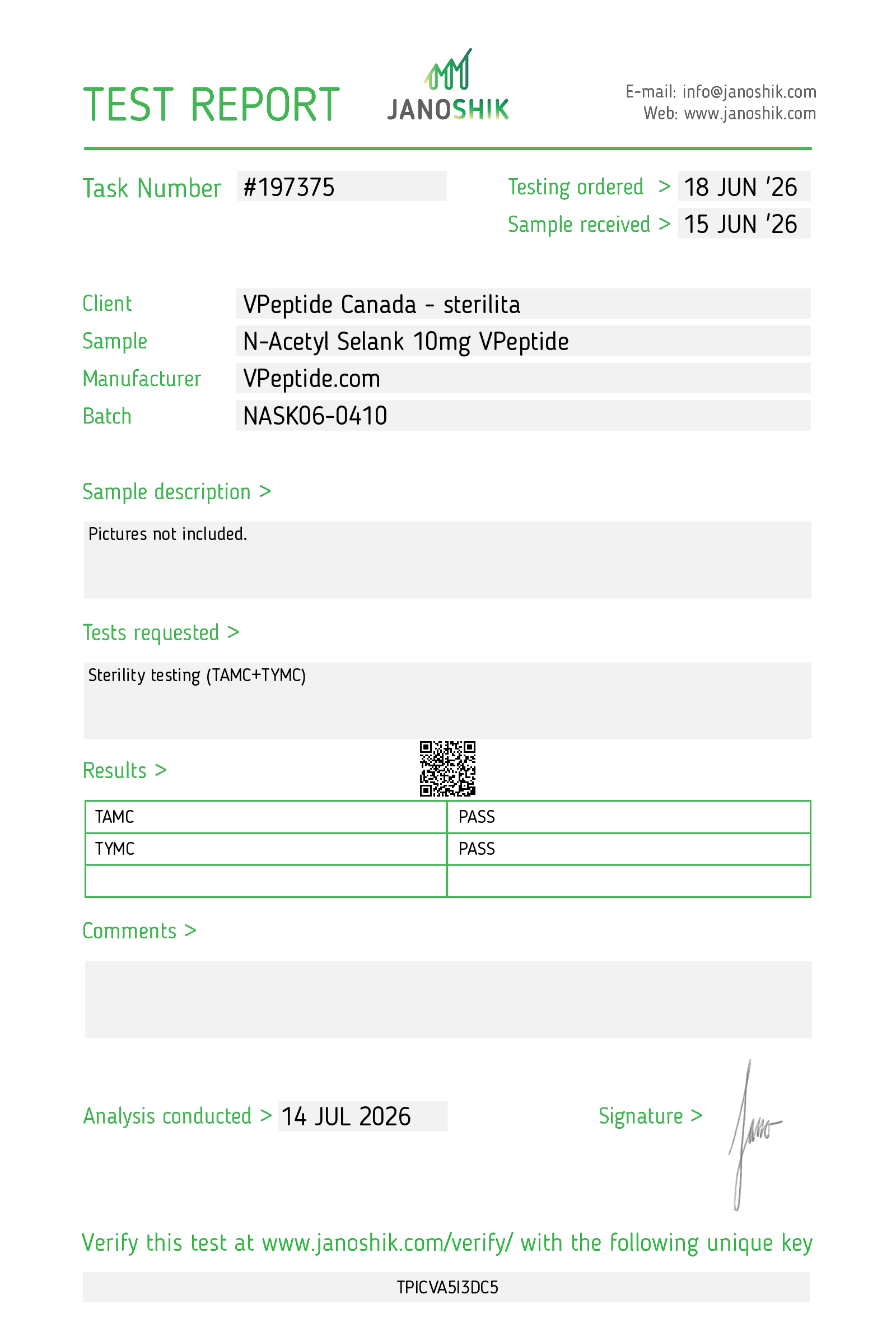 Test Report #197375 Test Report header with task number 197375 and sample details (TAMC/TYMC) showing PASS results on a JANOSHiK page