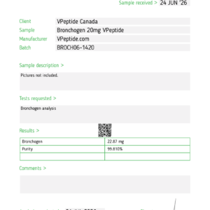 Test report header for JANOSHIK with task 198452, dates, and client details (Broncogen 20mg VPepide).