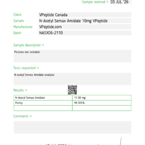 Test report from Janoshik: Task #200498 for VPptide Canada; sample details and results shown on the page.