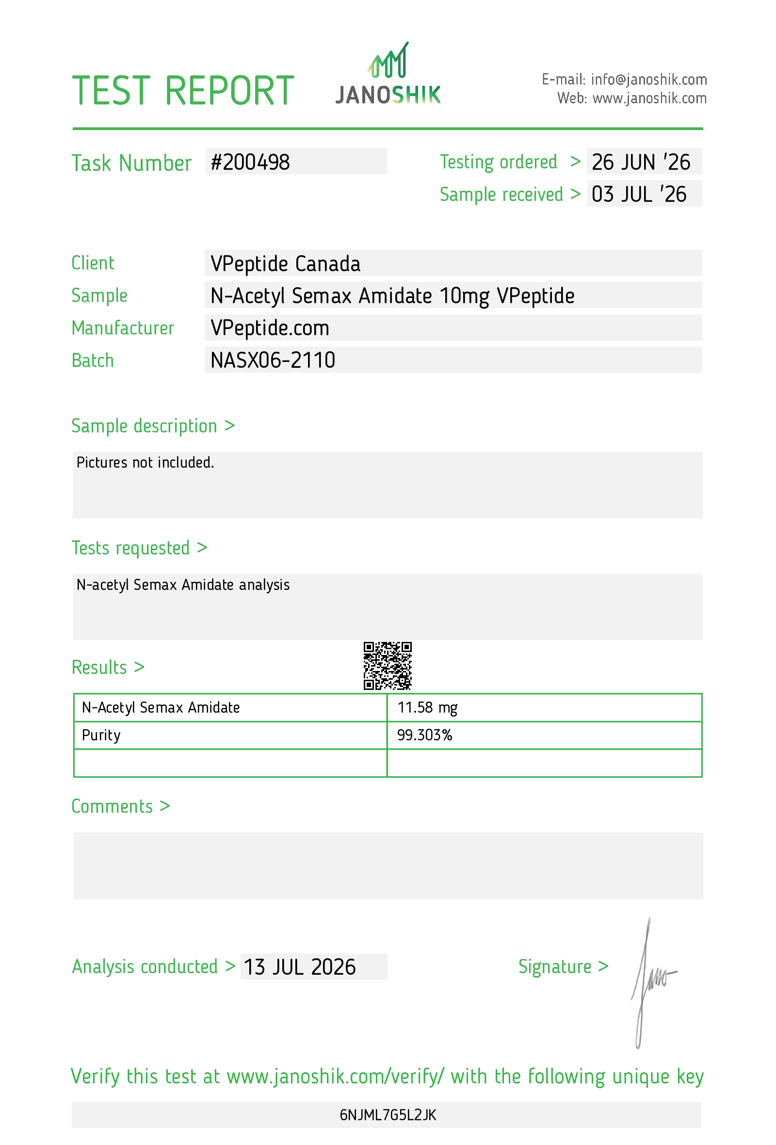 Test report from Janoshik: Task #200498 for VPptide Canada; sample details and results shown on the page.