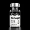 Testagen 20mg Close-up of a glass bottle with a silver cap on a black background; label reads 'Peptide' with 'Testagen' and 20 mg, suggesting a peptide product.