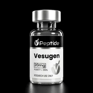 Close-up of a transparent bottle with a silver cap, black label reading Vesugen, 20 mg, purity ≥99%, for research use only.