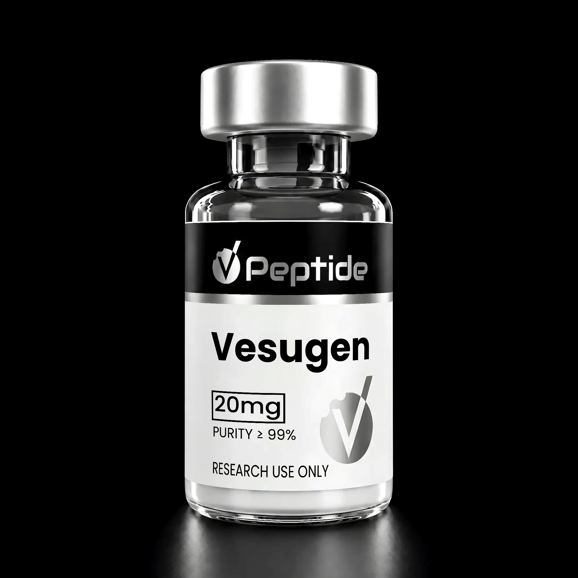 Close-up of a transparent bottle with a silver cap, black label reading Vesugen, 20 mg, purity ≥99%, for research use only.