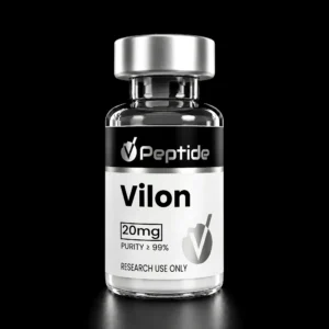 Close-up of a glass vial with a metallic cap and a black label reading 'Peptide', showing '20 mg', 'Purity ≥99%', and 'Research Use Only'.