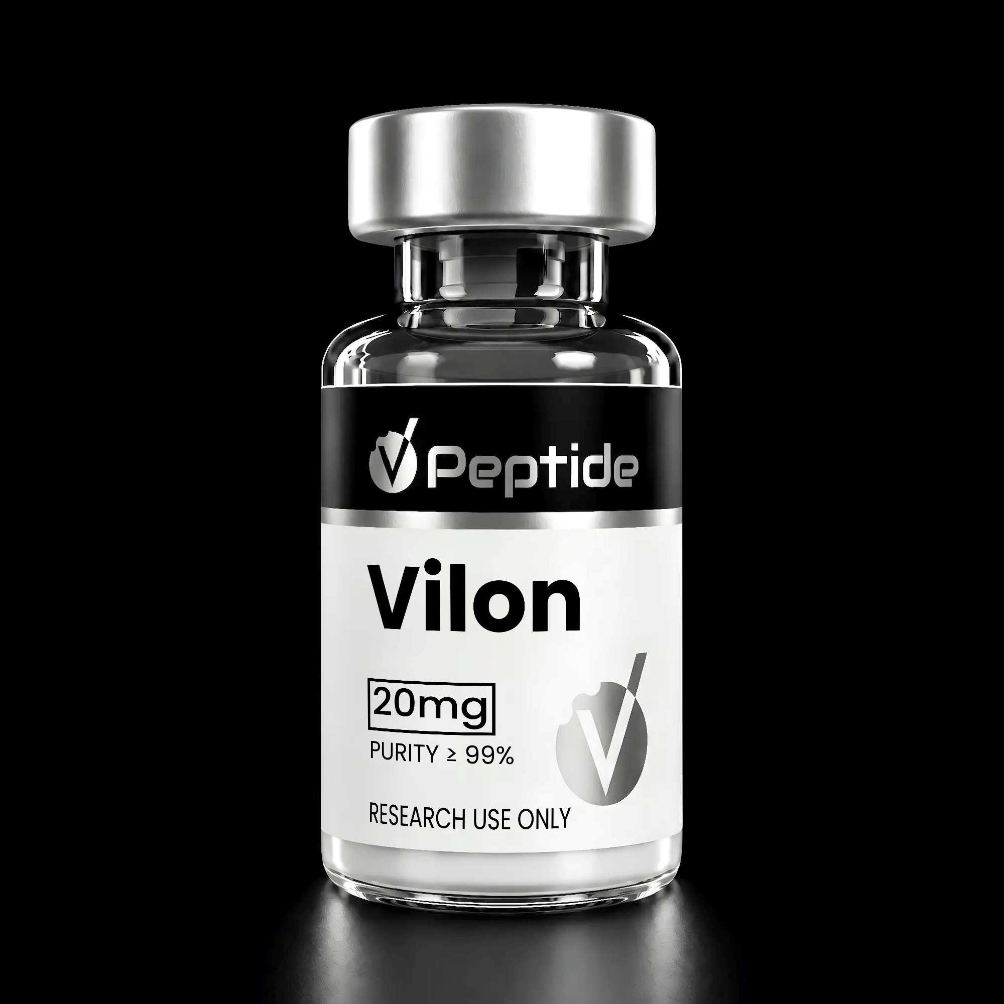 Close-up of a glass vial with a metallic cap and a black label reading 'Peptide', showing '20 mg', 'Purity ≥99%', and 'Research Use Only'.