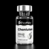 Close-up of a clear peptide vial with a silver cap against a black background; the label shows 'Peptide' and dosage details (e.g., 30 mg) with high purity. Non-human-use, research-only context implied by the label.