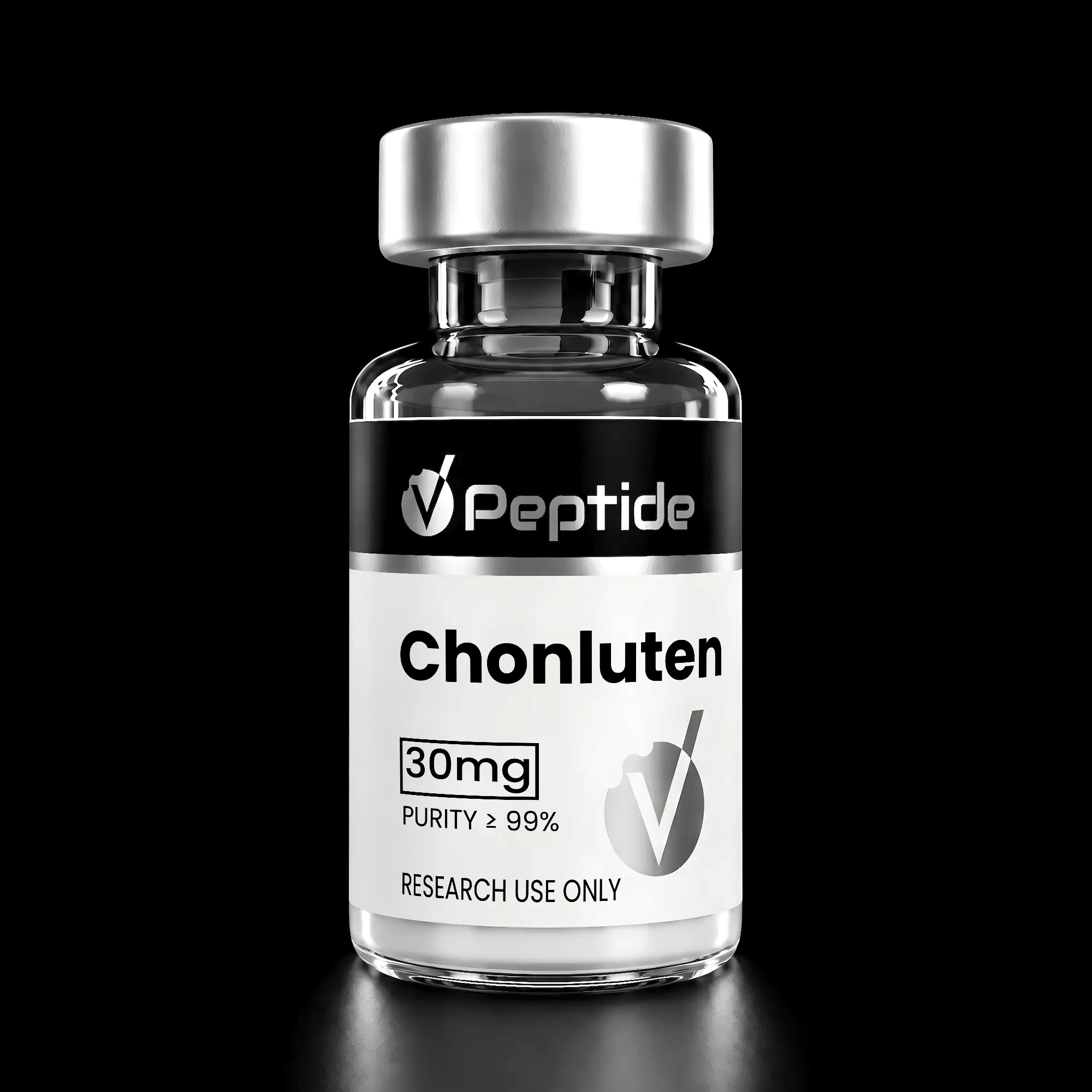 Close-up of a clear peptide vial with a silver cap against a black background; the label shows 'Peptide' and dosage details (e.g., 30 mg) with high purity. Non-human-use, research-only context implied by the label.