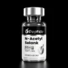 Glass vial with a silver cap and black label reading 'N-Acetyl Selank', showing 55 mg and purity ≥99%, for research use only.