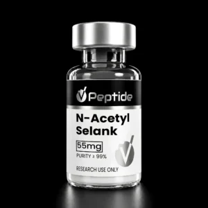 Glass vial with a silver cap and black label reading 'N-Acetyl Selank', showing 55 mg and purity ≥99%, for research use only.