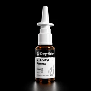 White dropper bottle with a conical white cap and black 'Peptide' label, set against a black background, reading 'N-Acetyl Semax' on the front label.