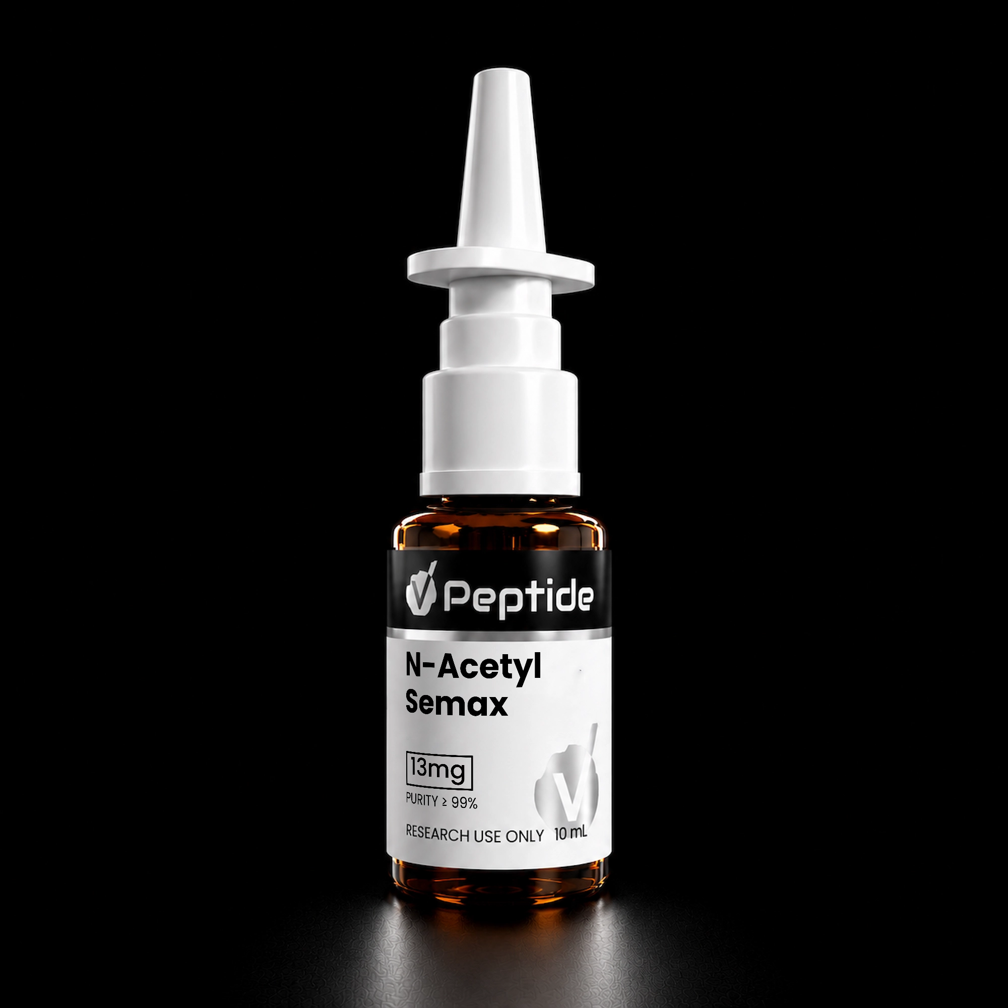 White dropper bottle with a conical white cap and black 'Peptide' label, set against a black background, reading 'N-Acetyl Semax' on the front label.