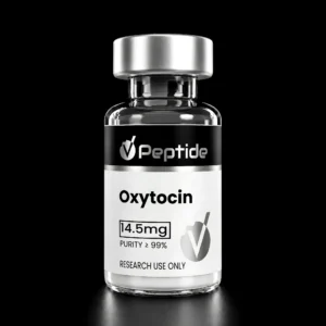 Oxytocin vial with a silver cap, label shows 4.5 mg and high purity, for research use only.