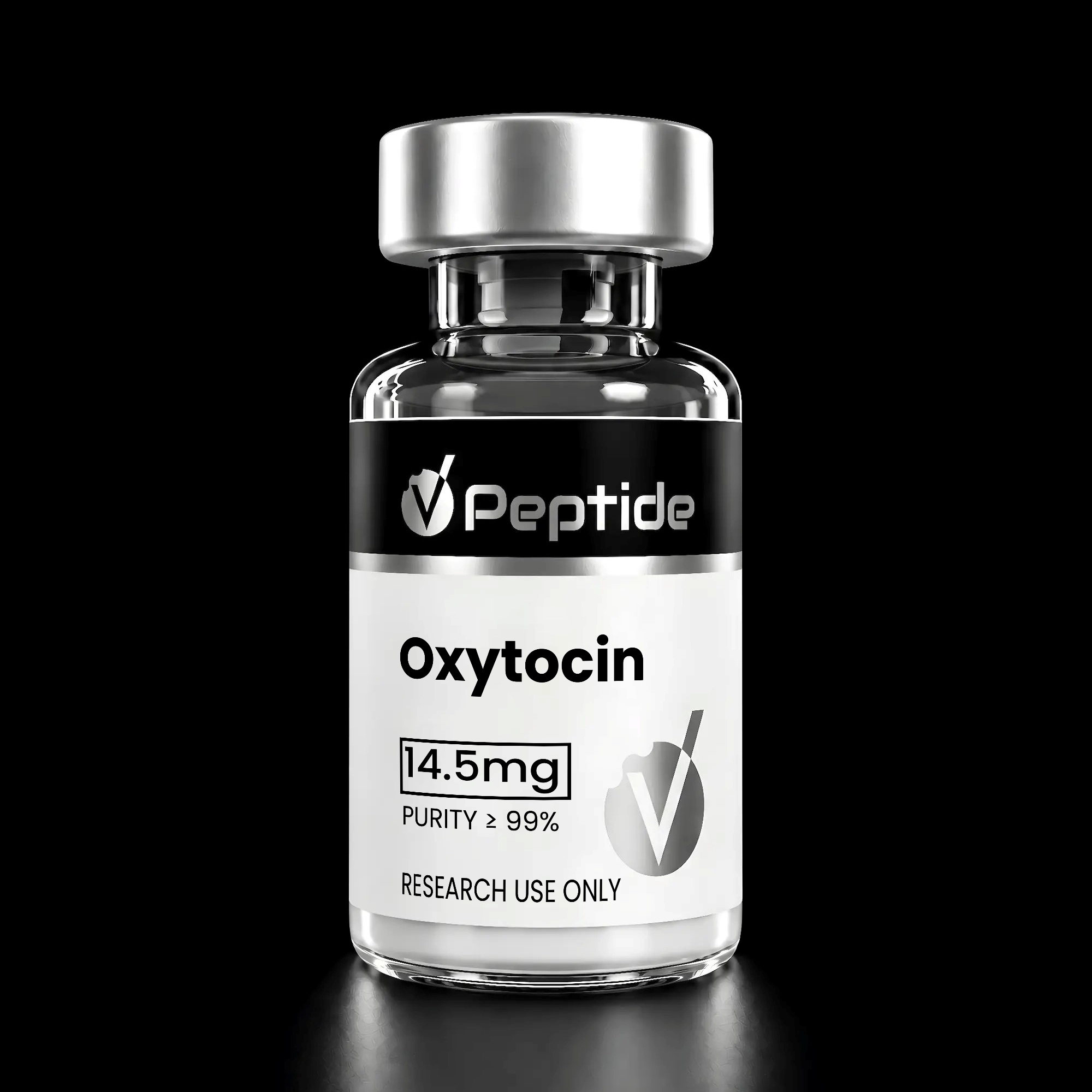Oxytocin vial with a silver cap, label shows 4.5 mg and high purity, for research use only.