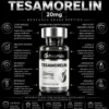Tesamorelin 20mg Infographic-style image showing Tesamorelin 20mg bottle with product branding and research-focused details around it as a black, high-contrast banner.