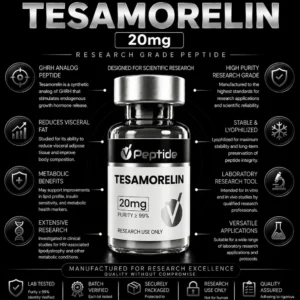 Infographic-style image showing Tesamorelin 20mg bottle with product branding and research-focused details around it as a black, high-contrast banner.