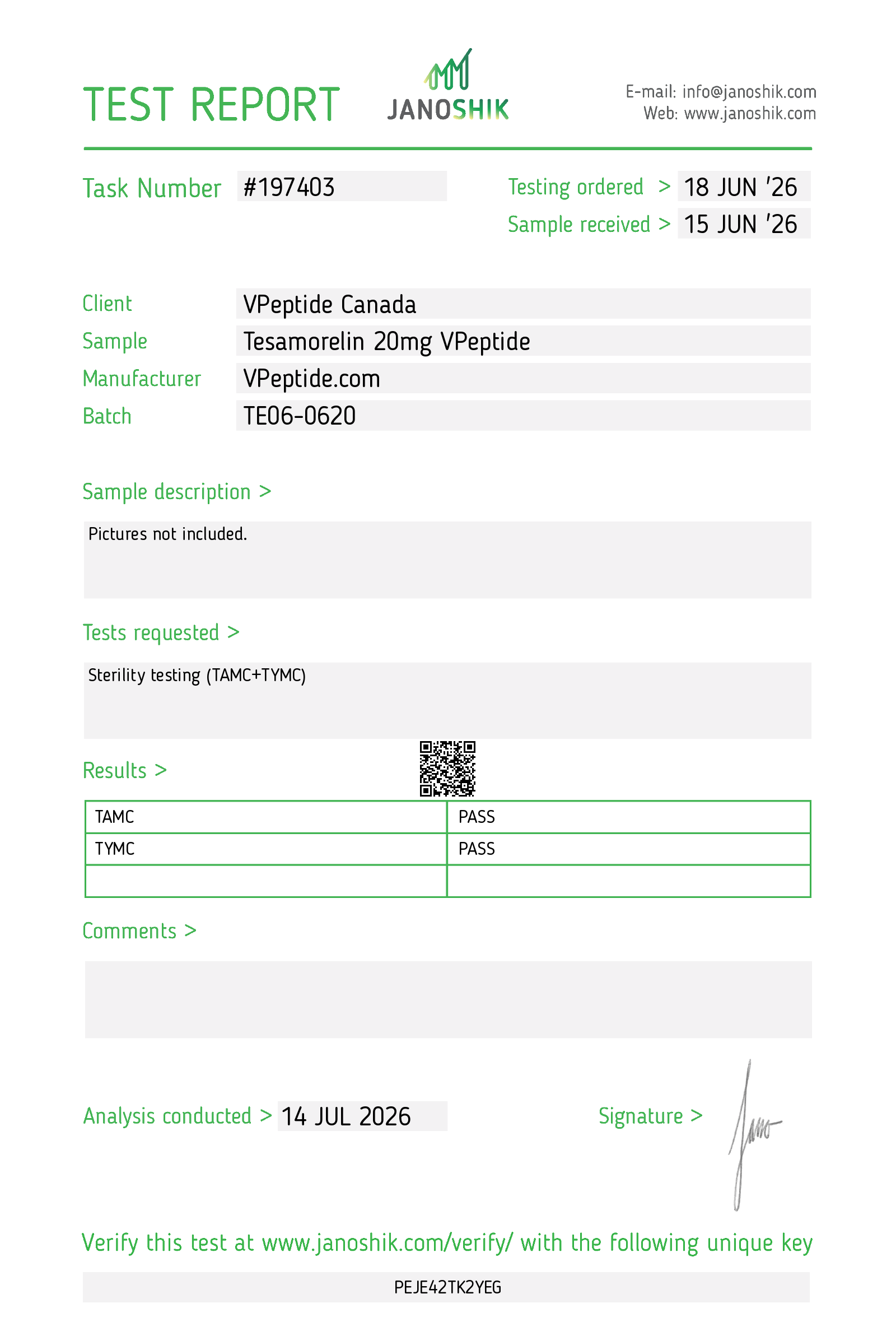Test Report #197403 Test report showing task #197403 with client and sample details (VPepide Canada, Tesamorelin 20mg VPepide, Batch TE06-0620); sample description: Pictures not included; tests include sterility (TAMC/TYMC) with results row table and a QR code.