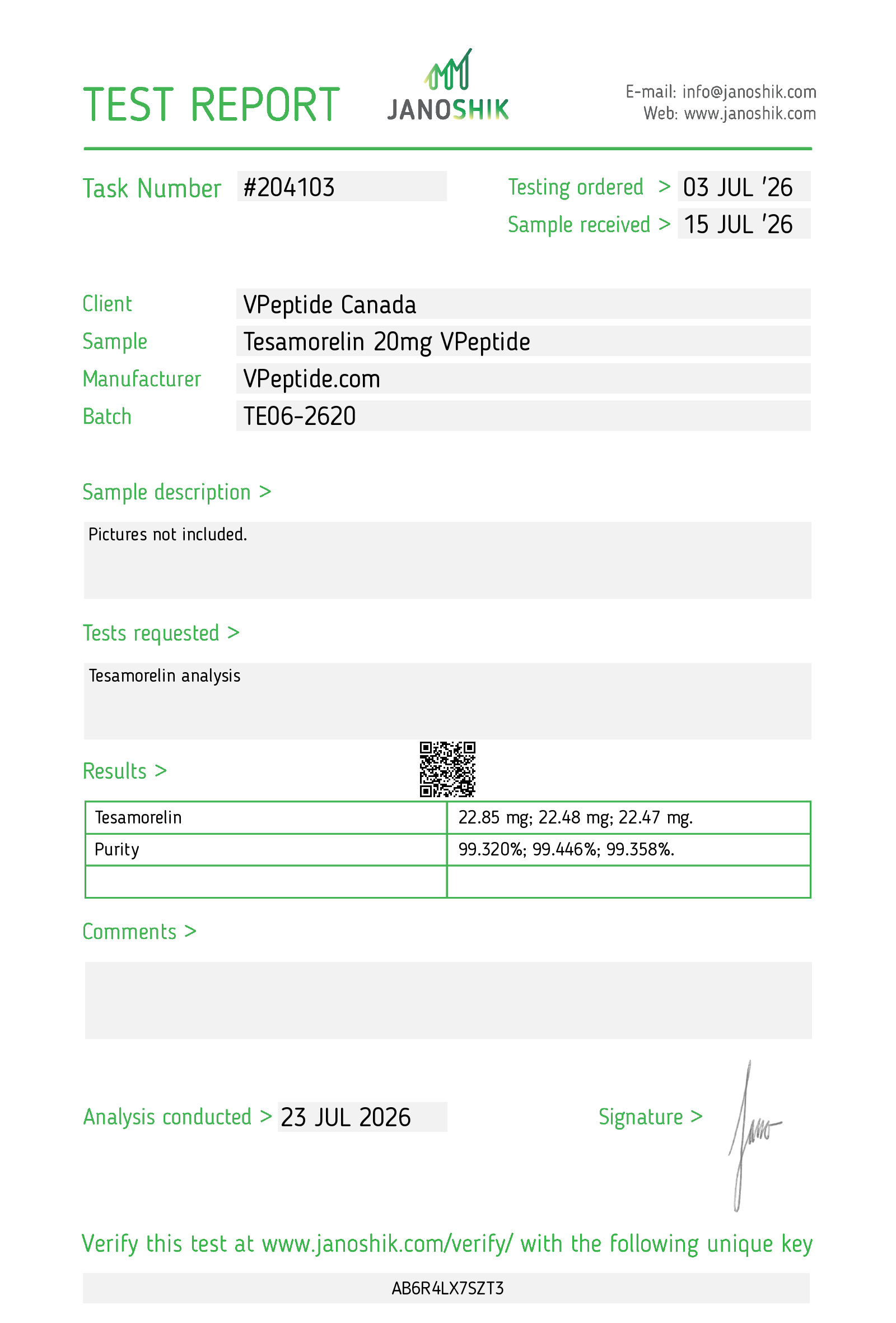 Test Report #204103 Laboratory test report showing task #204103 with client VPep tide Canada; sample Tesamorelin 20mg from manufacturer VPeptide.com, batch TE06-2620, results listed and analysis date 23 July 2026.