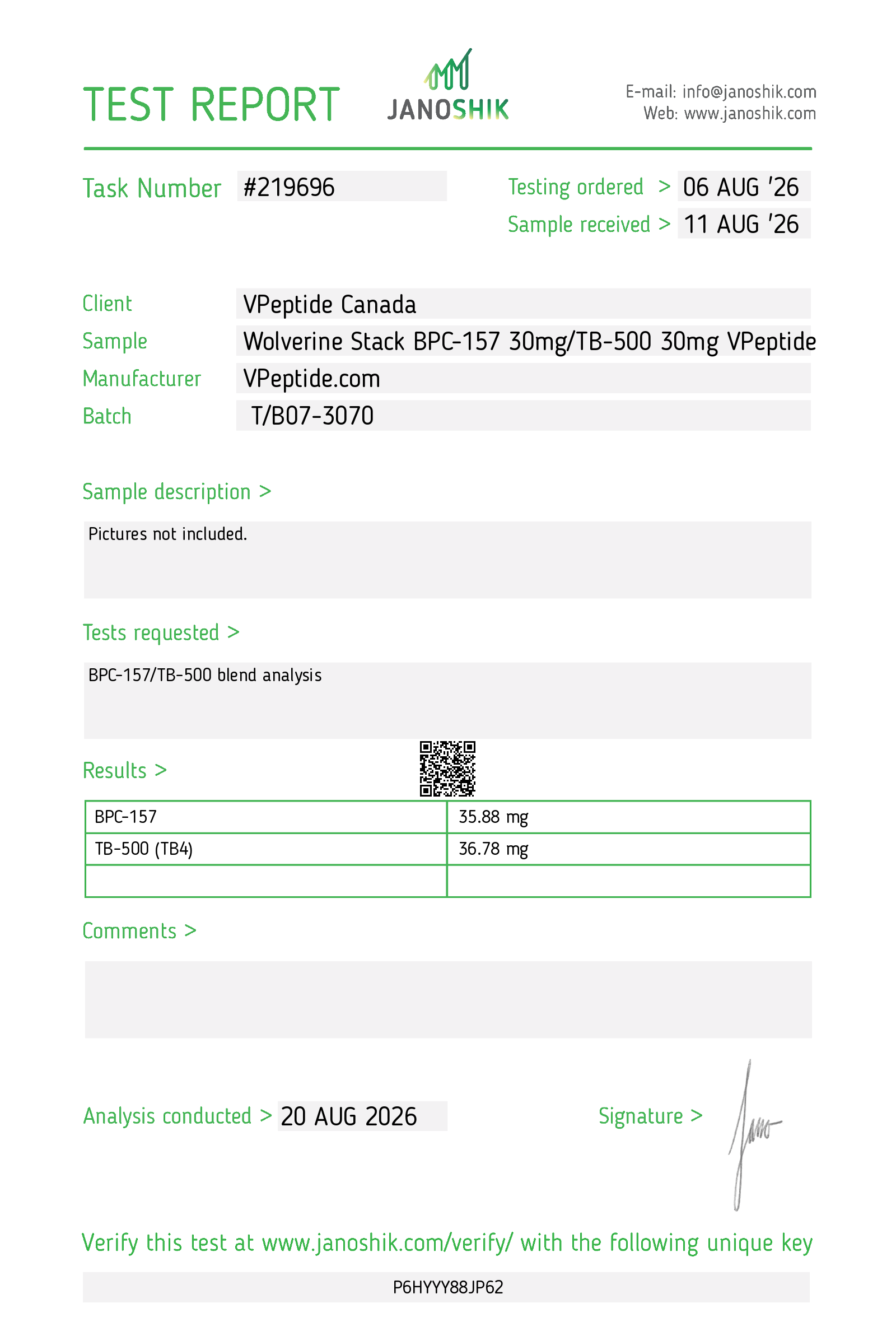 Test Report #219696 Lab test report page showing Task Number #219696, testing dates (ordered 06 Aug ’26, sample received 11 Aug ’26), client VPepide Canada, sample Wolverine Stack BPC-157 30mg/TB-500 30mg VPepide, manufacturer VPepide.com, batch T/B07-3070, and a results table comparing BPC-157 and TB-500 values.