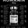 hum Infographic showing a vial labeled Humanin 10mg with surrounding research icons and descriptions about neuroprotection and aging research in a dark layout.