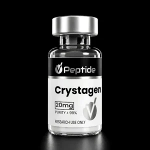 Close-up of a glass vial with a silver cap; black label shows the word 'Peptide' and '20 mg' text visible.