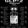 Infographic about GLP-2 Tirzepatide 65mg by V Peptide, showing a bottle and features around it (research grade peptide).