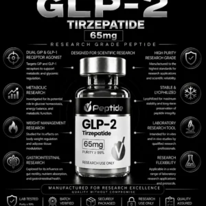 Infographic about GLP-2 Tirzepatide 65mg by V Peptide, showing a bottle and features around it (research grade peptide).