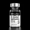 Close-up of a glass vial with a silver cap, black label, and white drug label reading 'N-Acetyl Epithalon' and '20 mg', signaling a peptide product (research use only).