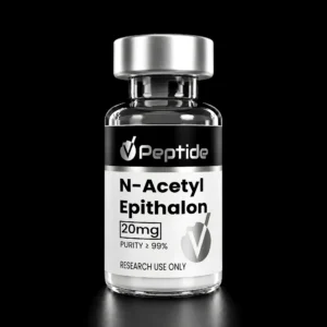 Close-up of a glass vial with a silver cap, black label, and white drug label reading 'N-Acetyl Epithalon' and '20 mg', signaling a peptide product (research use only).