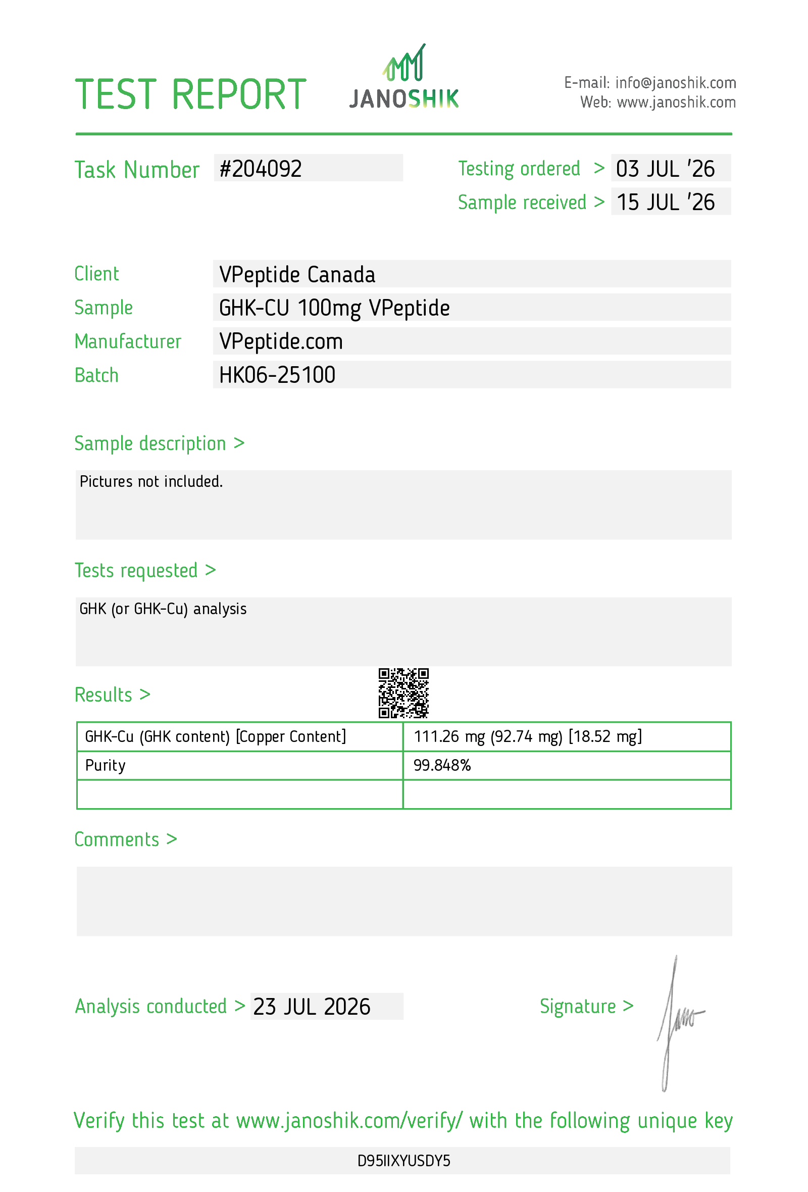 Test Report #204092 Test report page showing task #204092 for VPepide Canada with sample GHK-CU 100mg VPepide and summarized copper content results (purity 99.848%).