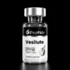 Vesilute 20mg Close-up of a clear glass vial with a metallic cap, black label reading 'Peptide' and a white section showing '20 mg' and 'Purity ≥99%', for research use only.