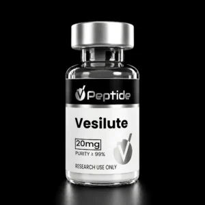 Close-up of a clear glass vial with a metallic cap, black label reading 'Peptide' and a white section showing '20 mg' and 'Purity ≥99%', for research use only.