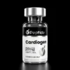Close-up of a glass peptide bottle with a silver cap; label reads Cardiogen, 20 mg, purity ≥99%, for research use only.