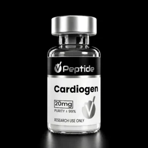 Close-up of a glass peptide bottle with a silver cap; label reads Cardiogen, 20 mg, purity ≥99%, for research use only.