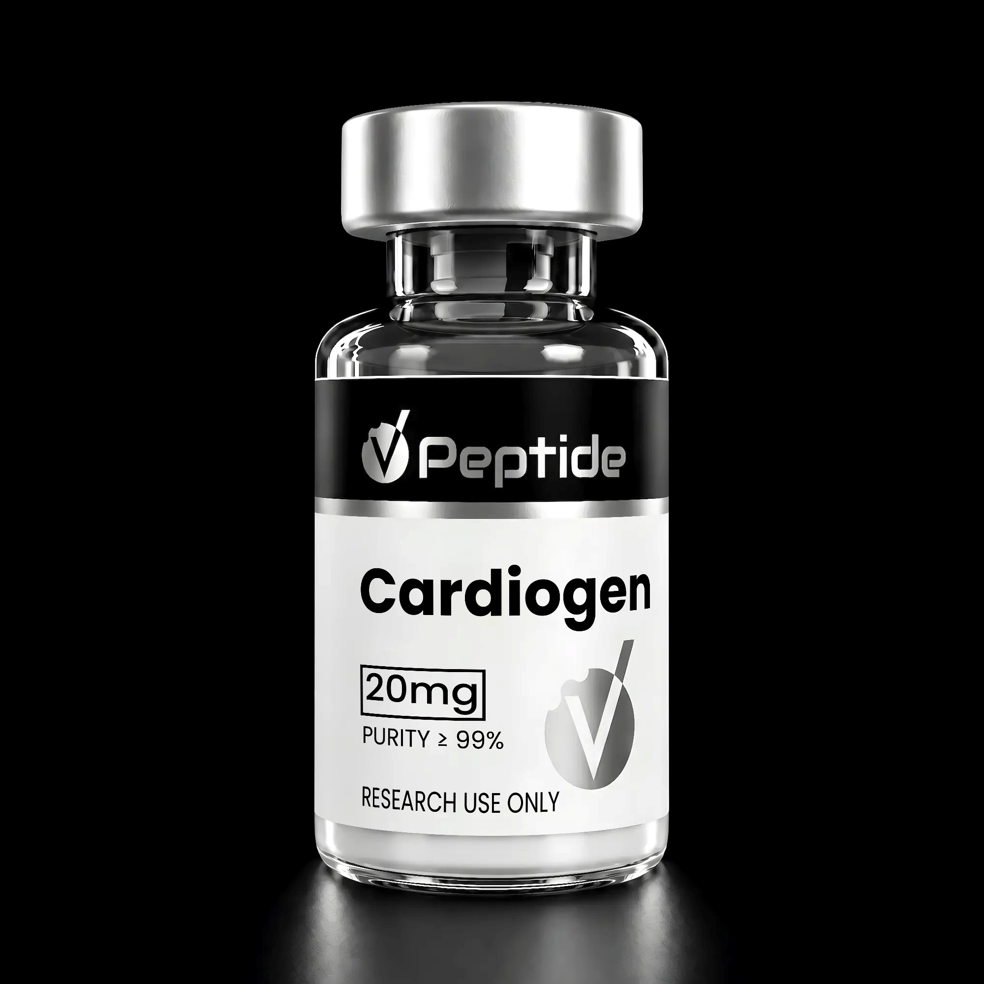 Close-up of a glass peptide bottle with a silver cap; label reads Cardiogen, 20 mg, purity ≥99%, for research use only.