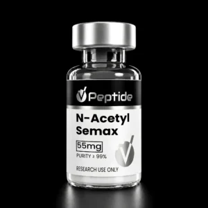 Close-up of a glass bottle with a silver cap and a black label reading 'N-Acetyl Semax', 55 mg, purity ≥99%.