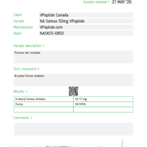 Test report header for VPepide Canada showing task #168846 and dates for testing and sample receipt, with client and manufacturer details (VPepid e.com) and batch NASK05-0850, plus a results table and QR code area.