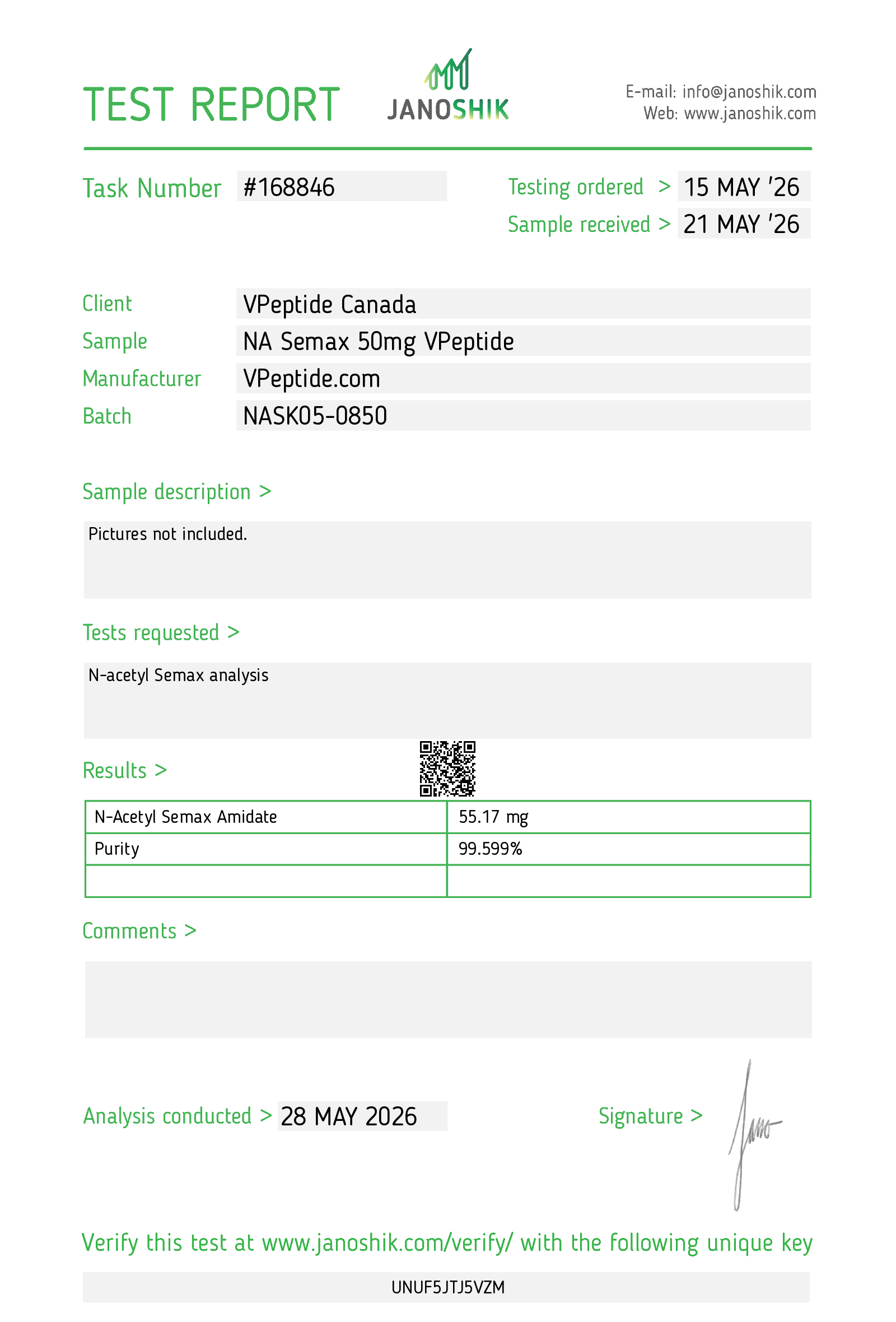 Test Report #168846 Test report header for VPepide Canada showing task #168846 and dates for testing and sample receipt, with client and manufacturer details (VPepid e.com) and batch NASK05-0850, plus a results table and QR code area.