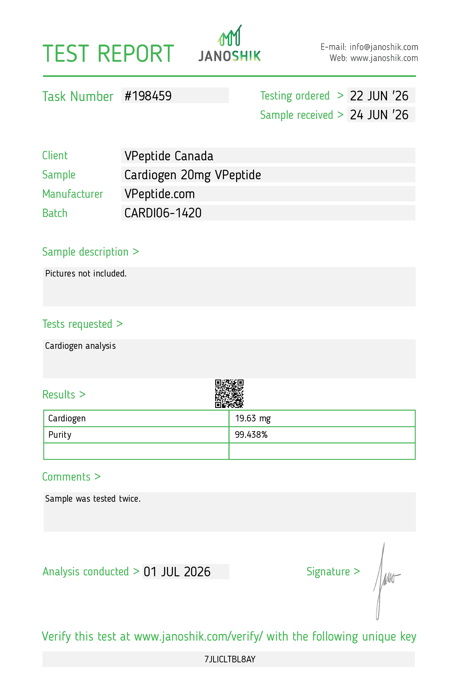 Laboratory test report header showing task #198459, client VPepide Canada, sample Cardiogen 20mg VPepide, and results section.