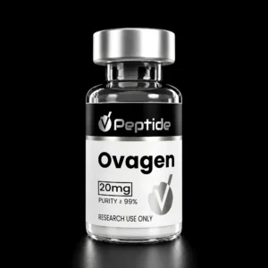 Close-up of a glass peptide bottle with a silver cap and a black label showing 'Peptide' and '20 mg'.