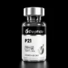 P21 (P021) 10mg Clear close-up of a glass bottle labeled 'Peptide P21' with a metallic cap, indicating a research product (10 mg) for research use only.