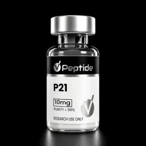 Clear close-up of a glass bottle labeled 'Peptide P21' with a metallic cap, indicating a research product (10 mg) for research use only.