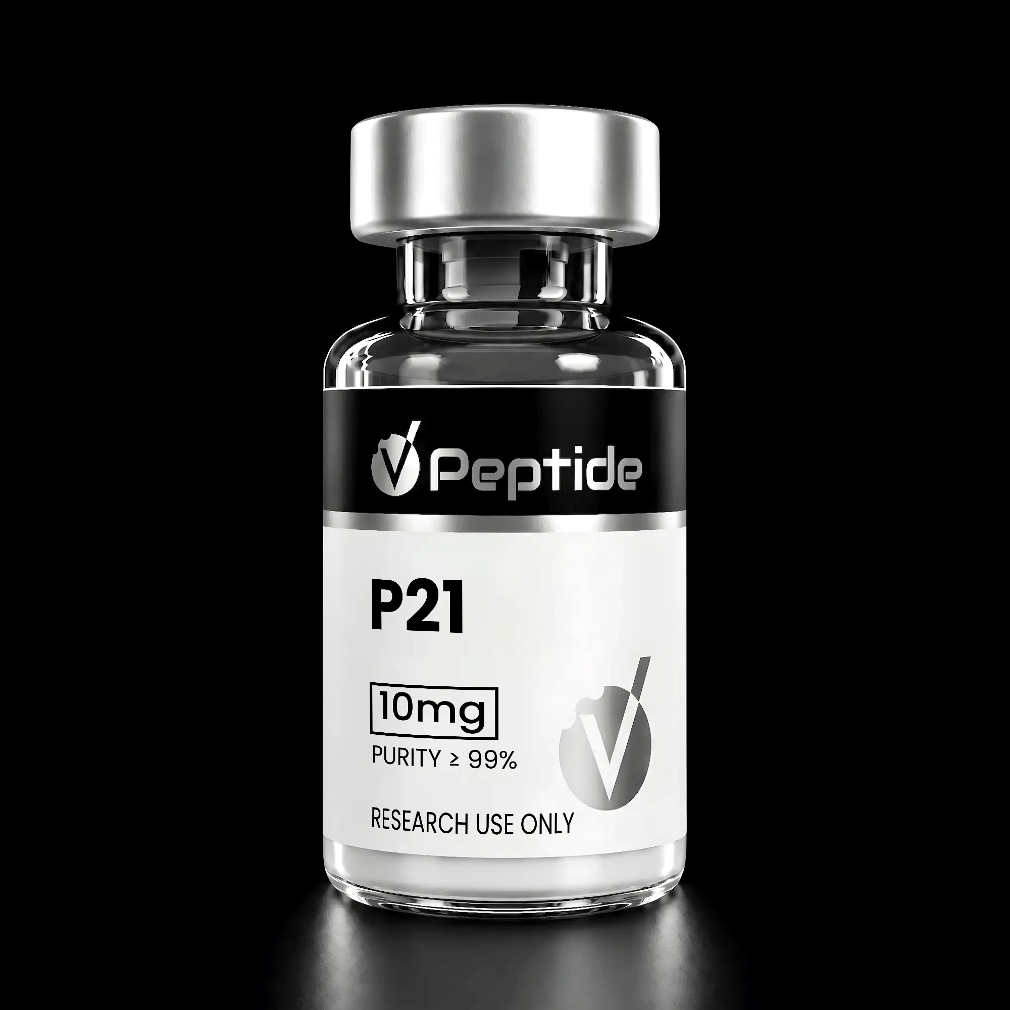 Clear close-up of a glass bottle labeled 'Peptide P21' with a metallic cap, indicating a research product (10 mg) for research use only.