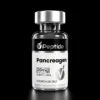 Close-up of a glass peptide bottle with a silver cap and black label; text reads 'Peptide' and 'Pancreagen' (20 mg) and 'Purity ≥99%', 'RESEARCH USE ONLY' in small print.