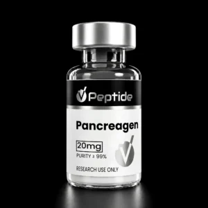 Close-up of a glass peptide bottle with a silver cap and black label; text reads 'Peptide' and 'Pancreagen' (20 mg) and 'Purity ≥99%', 'RESEARCH USE ONLY' in small print.