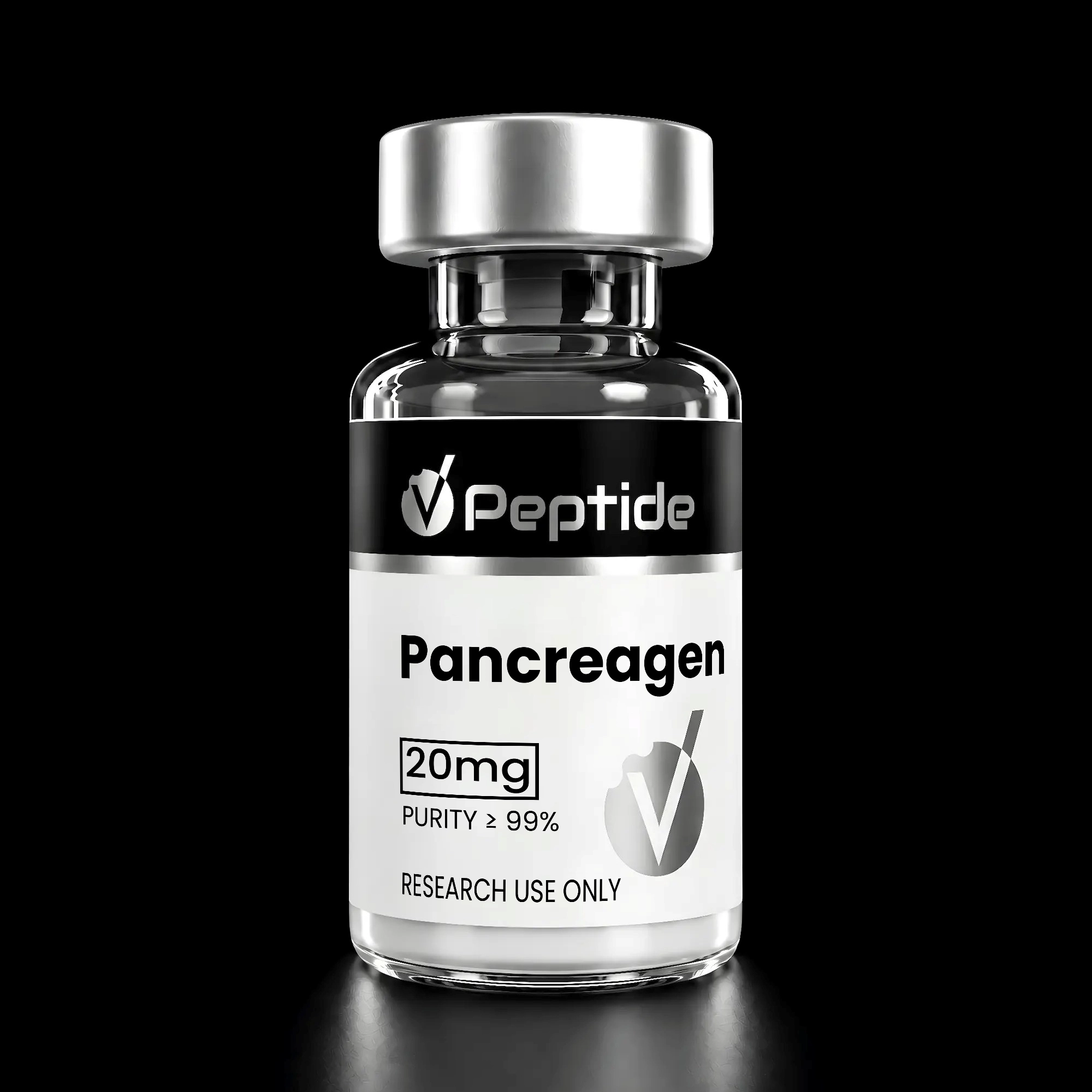 Close-up of a glass peptide bottle with a silver cap and black label; text reads 'Peptide' and 'Pancreagen' (20 mg) and 'Purity ≥99%', 'RESEARCH USE ONLY' in small print.
