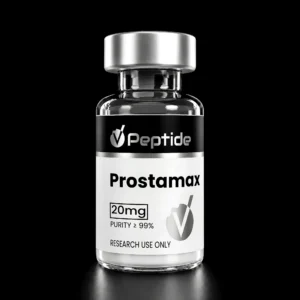 Bottle of Prostmax with silver cap, black label, and 20 mg marking; for research use only.