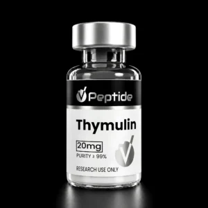 Close-up of a glass peptide vial with a silver cap; label shows Thymulin 20 mg, purity ≥99%, Research Use Only.